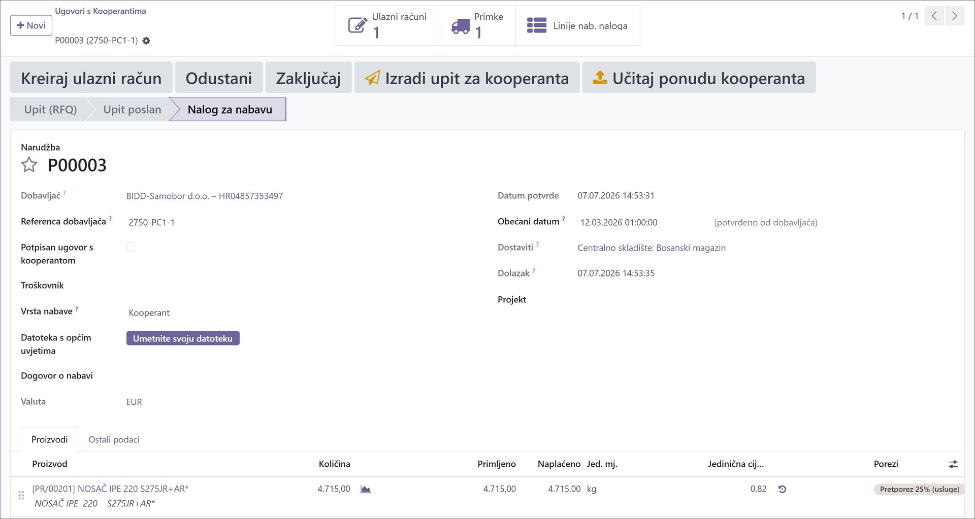 Kartica narudžbenice kooperantu