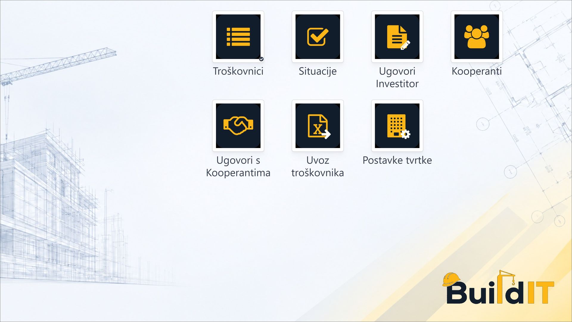 Početni ekran BuildIT-a sa sedam ikona
