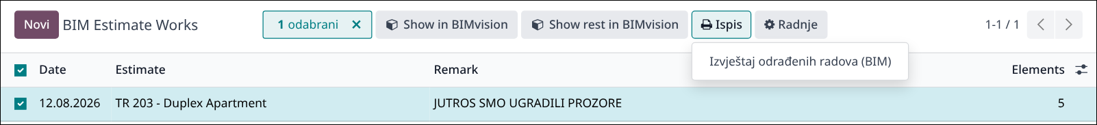 Izbornik Ispis na popisu BIM radova